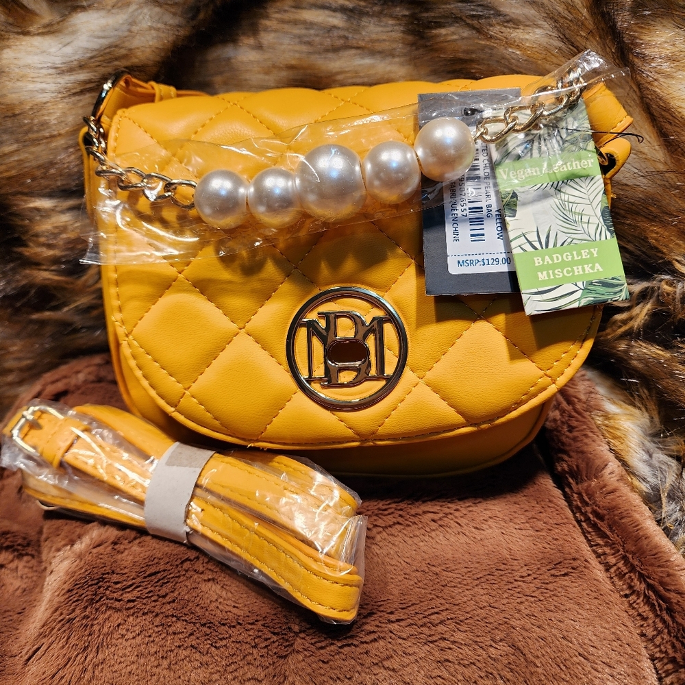 Yellow Quilted Crossbody Bag with Pearl Chain